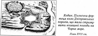 Кодак. Польська фортеця коло Дніпровських порогів, що мала стримувати козацькі походи на Чорне море. План ХVII століття