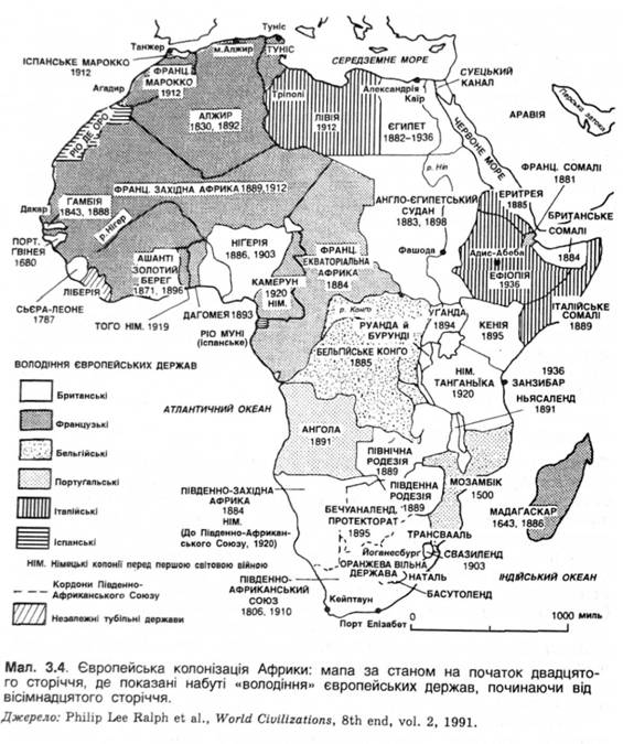 Європейська колонізація Африки: мала за станом на початок двадцято¬го сторіччя, де показані набуті 